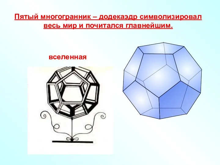 Пятый многогранник – додекаэдр символизировал весь мир и почитался главнейшим.