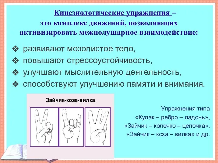 Кинезиологические упражнения – это комплекс движений, позволяющих активизировать межполушарное взаимодействие: развивают