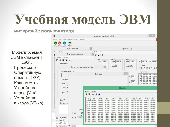 Учебная модель ЭВМ интерфейс пользователя Моделируемая ЭВМ включает в себя: Процессор