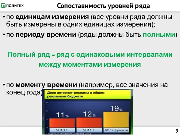 Сопоставимость уровней ряда по единицам измерения (все уровни ряда должны быть