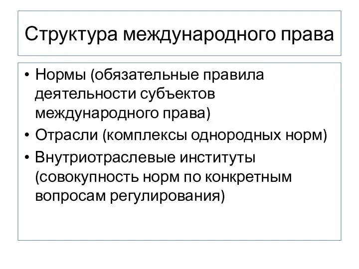 Структура международного права Нормы (обязательные правила деятельности субъектов международного права) Отрасли