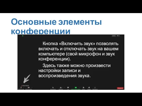 Основные элементы конференции Кнопка «Включить звук» позволять включать и отключать звук