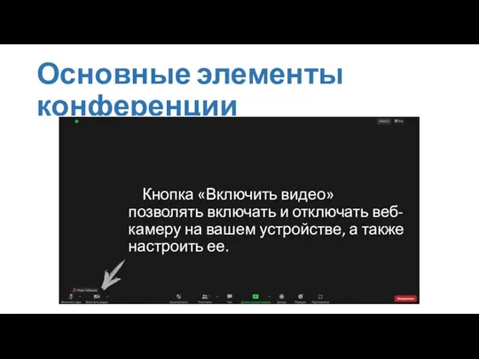 Основные элементы конференции Кнопка «Включить видео» позволять включать и отключать веб-камеру