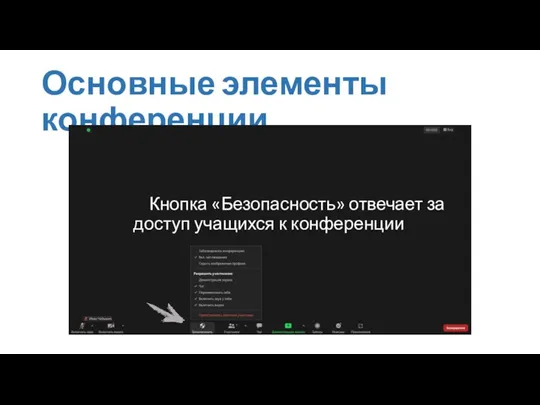 Основные элементы конференции Кнопка «Безопасность» отвечает за доступ учащихся к конференции