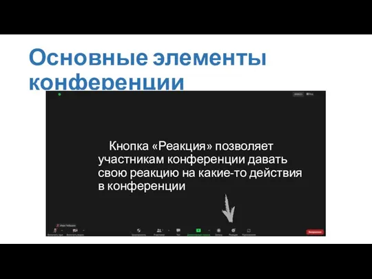 Основные элементы конференции Кнопка «Реакция» позволяет участникам конференции давать свою реакцию на какие-то действия в конференции