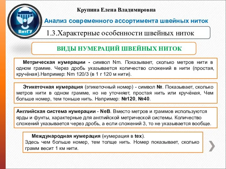 1.3.Характерные особенности швейных ниток Крупина Елена Владимировна Анализ современного ассортимента швейных