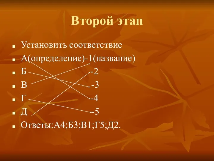 Второй этап Установить соответствие А(определение)-1(название) Б -2 В -3 Г -4 Д -5 Ответы:А4;Б3;В1;Г5;Д2.