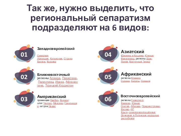 Так же, нужно выделить, что региональный сепаратизм подразделяют на 6 видов: