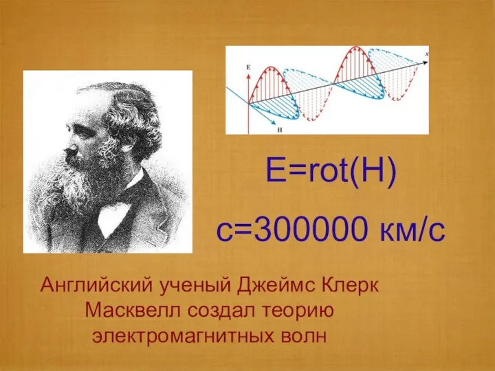 Английский ученый Джеймс Клерк Масквелл создал теорию электромагнитных волн E=rot(H) с=300000 км/с