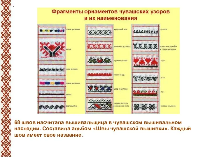 68 швов насчитала вышивальщица в чувашском вышивальном наследии. Составила альбом «Швы