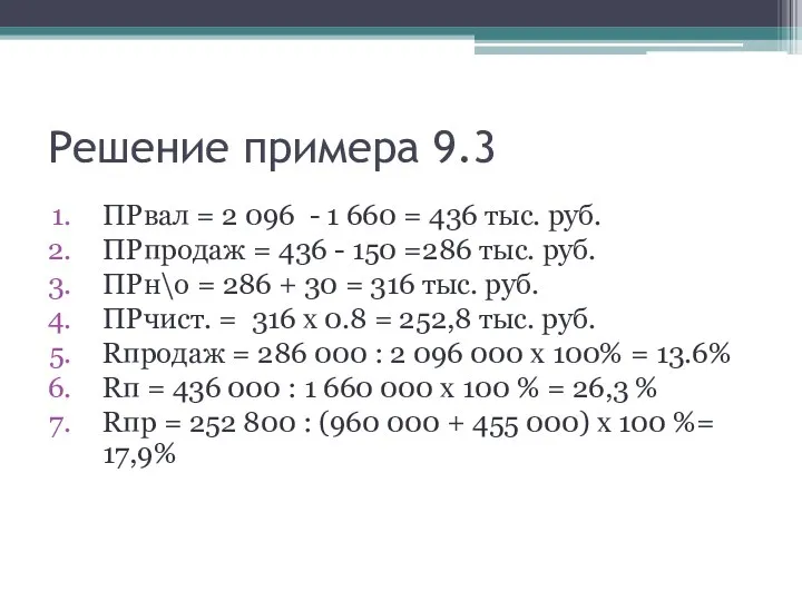 Решение примера 9.3 ПРвал = 2 096 - 1 660 =