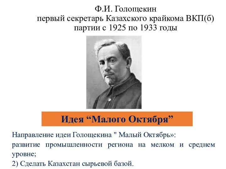 Ф.И. Голощекин первый секретарь Казахского крайкома ВКП(б) партии с 1925 по