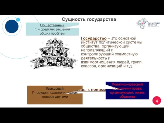 Сущность государства Государство – это основной институт политической системы общества, организующий,