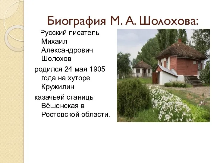 Биография М. А. Шолохова: Русский писатель Михаил Александрович Шолохов родился 24