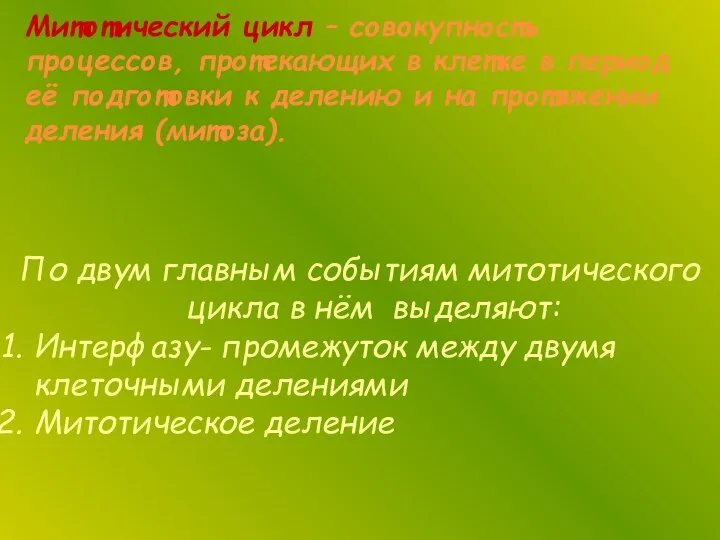 Митотический цикл – совокупность процессов, протекающих в клетке в период её