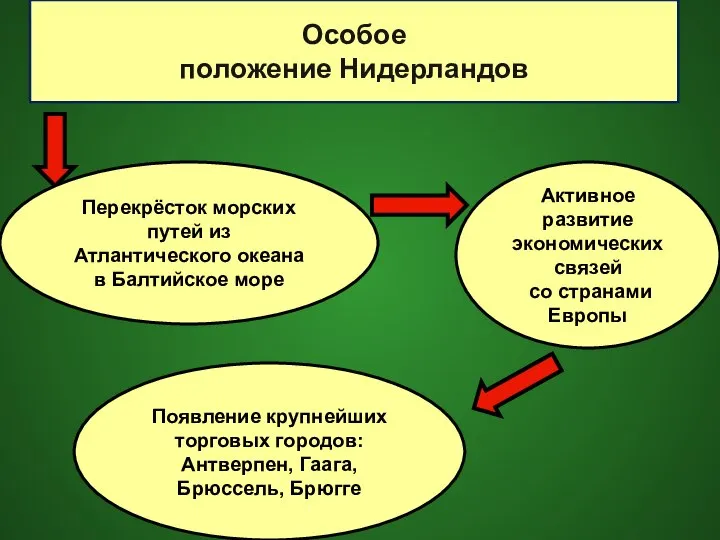 Особое положение Нидерландов Появление крупнейших торговых городов: Антверпен, Гаага, Брюссель, Брюгге