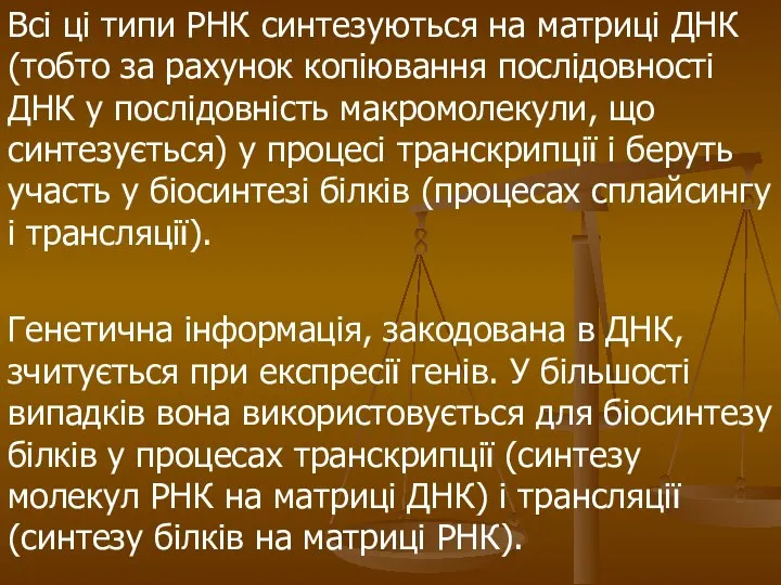 Всі ці типи РНК синтезуються на матриці ДНК (тобто за рахунок