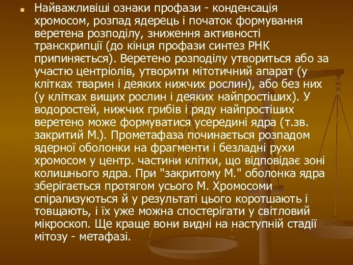 Найважливіші ознаки профази - конденсація хромосом, розпад ядерець і початок формування