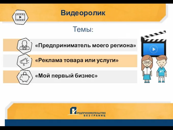 АДРЕСНАЯ ОРИЕНТАЦИЯ ДЕЯТЕЛЬНОСТИ, КЛИЕНТООРИЕНТИРОВАННОСТЬ МОДЕРНИЗАЦИЯ ИНФОРМАЦИОННЫХ РЕСУРСОВ Темы: Видеоролик «Предприниматель моего