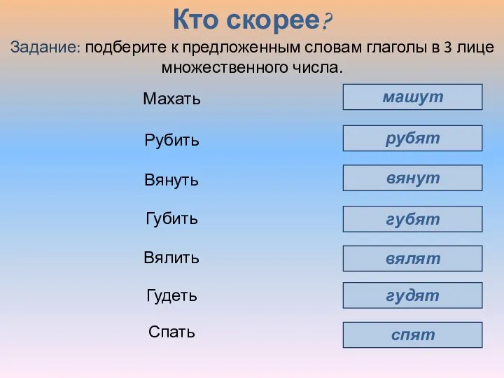 Кто скорее? машут рубят вянут губят вялят гудят Махать Рубить Вянуть