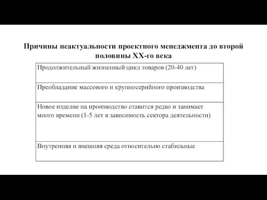 Причины неактуальности проектного менеджмента до второй половины XX-го века