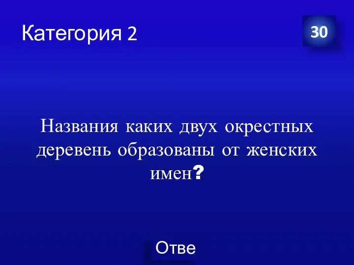 Категория 2 Названия каких двух окрестных деревень образованы от женских имен? 30