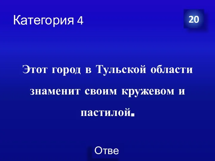 Категория 4 Этот город в Тульской области знаменит своим кружевом и пастилой. 20