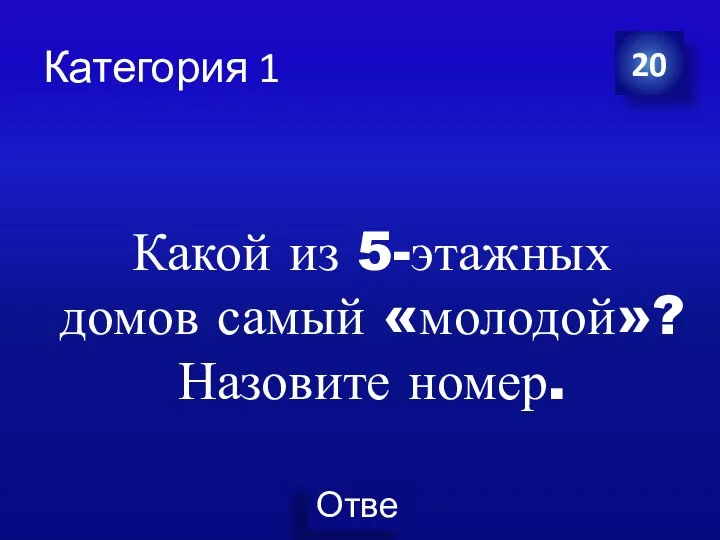 Категория 1 20 Какой из 5-этажных домов самый «молодой»? Назовите номер.