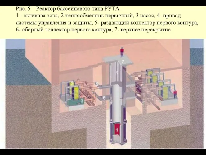 Рис. 5 Реактор бассейнового типа РУТА 1 - активная зона, 2-теплообменник