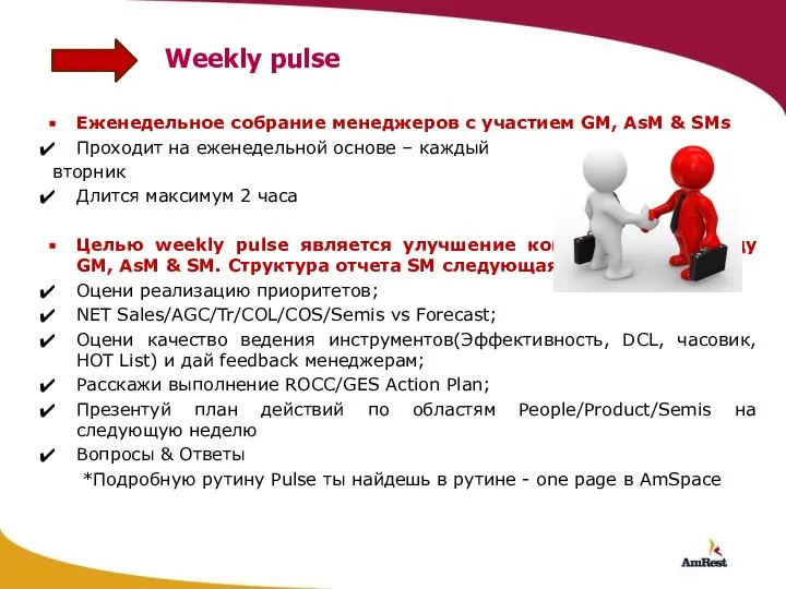 Weekly pulse Еженедельное собрание менеджеров с участием GM, AsM & SMs