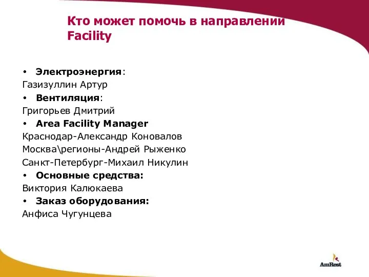 Кто может помочь в направлении Faсility Электроэнергия: Газизуллин Артур Вентиляция: Григорьев