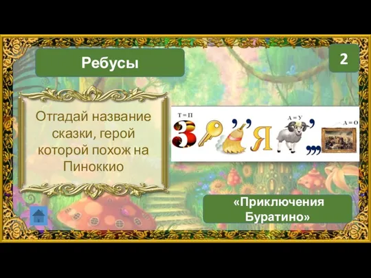 Ребусы «Приключения Буратино» 2 Отгадай название сказки, герой которой похож на Пиноккио