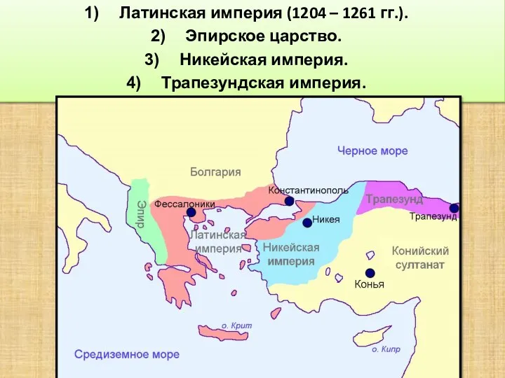 Крестоносцы создали : Латинская империя (1204 – 1261 гг.). Эпирское царство. Никейская империя. Трапезундская империя.