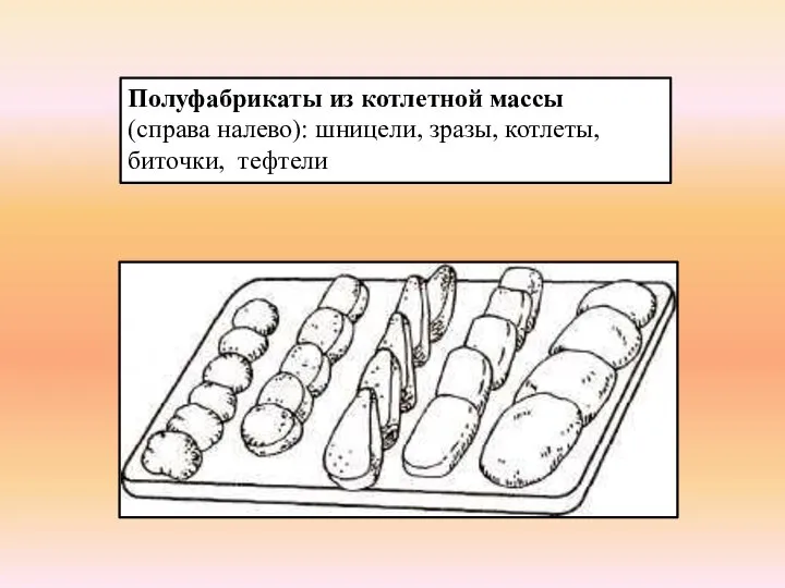 Полуфабрикаты из котлетной массы (справа налево): шницели, зразы, котлеты, биточки, тефтели