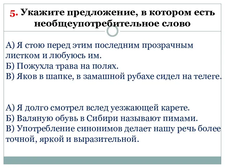 5. Укажите предложение, в котором есть необщеупотребительное слово А) Я стою