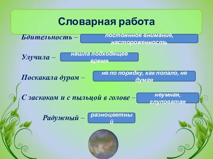 Словарная работа Бдительность – Улучила – Поскакала дуром – С заскоком