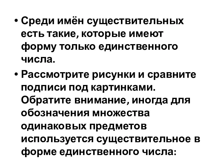 Среди имён существительных есть такие, которые имеют форму только единственного числа.