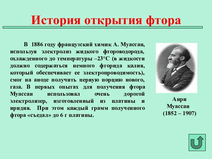 В 1886 году французский химик А. Муассан, используя электролиз жидкого фтороводорода,