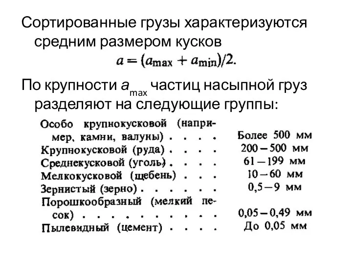 Сортированные грузы характеризуются средним размером кусков По крупности аmax частиц насыпной груз разделяют на следующие группы: