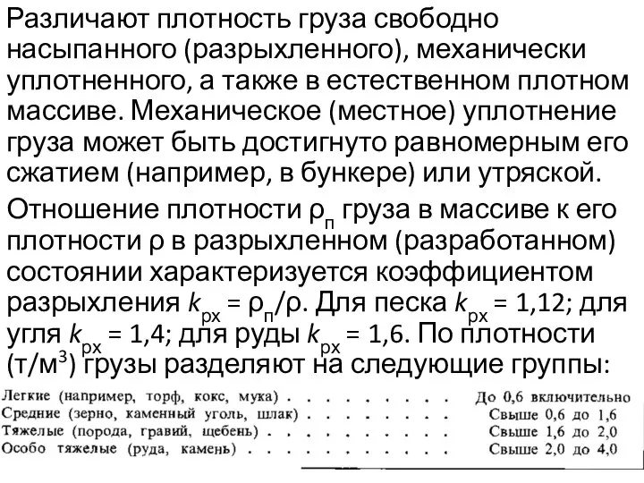 Различают плотность груза свободно насыпанного (разрыхленного), механически уплотненного, а также в