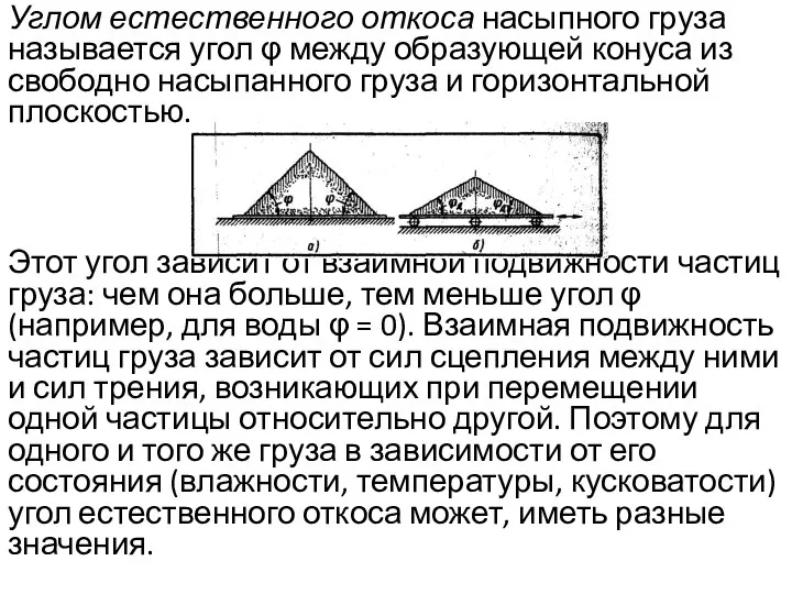 Углом естественного откоса насыпного груза называется угол φ между образующей конуса