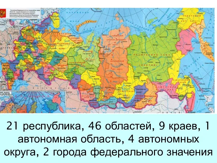 21 республика, 46 областей, 9 краев, 1 автономная область, 4 автономных округа, 2 города федерального значения