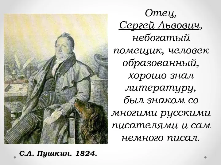 Отец, Сергей Львович, небогатый помещик, человек образованный, хорошо знал литературу, был