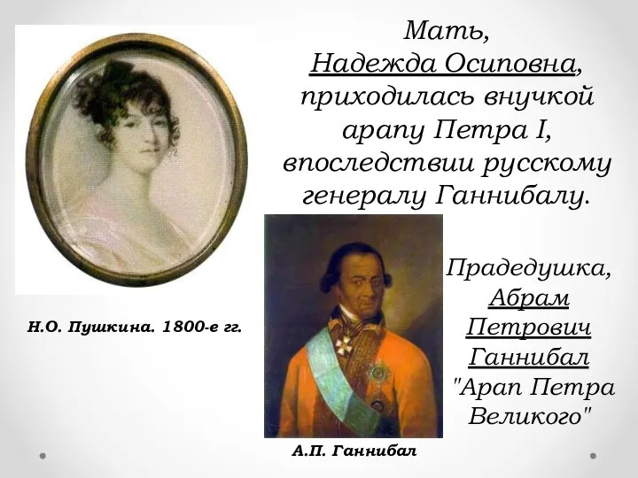 Мать, Надежда Осиповна, приходилась внучкой арапу Петра I, впоследствии русскому генералу