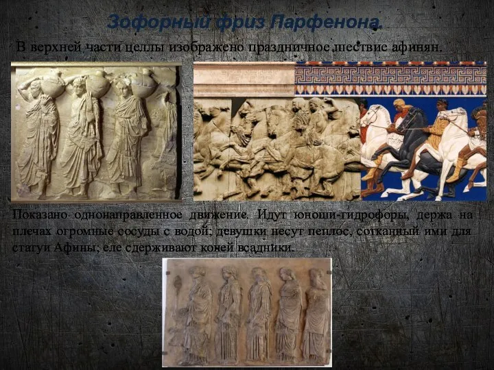 Зофорный фриз Парфенона. В верхней части целлы изображено праздничное шествие афинян.