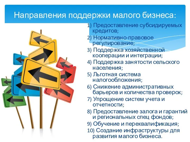 1) Предоставление субсидируемых кредитов; 2) Нормативно-правовое регулирование; 3) Поддержка хозяйственной кооперации