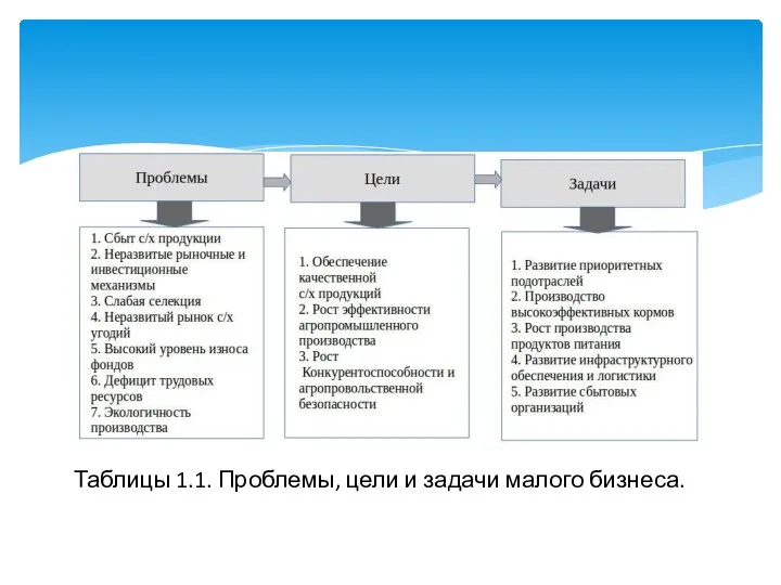 Таблицы 1.1. Проблемы, цели и задачи малого бизнеса.