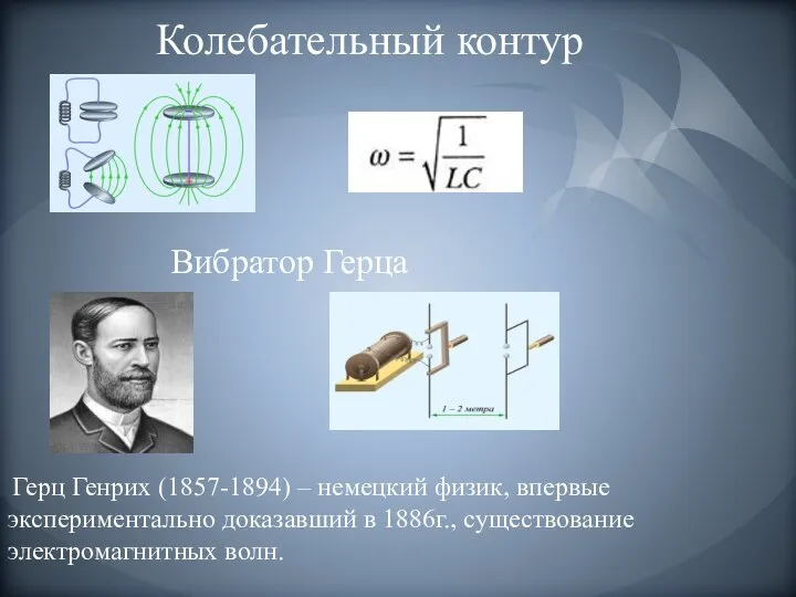 Колебательный контур Вибратор Герца Герц Генрих (1857-1894) – немецкий физик, впервые