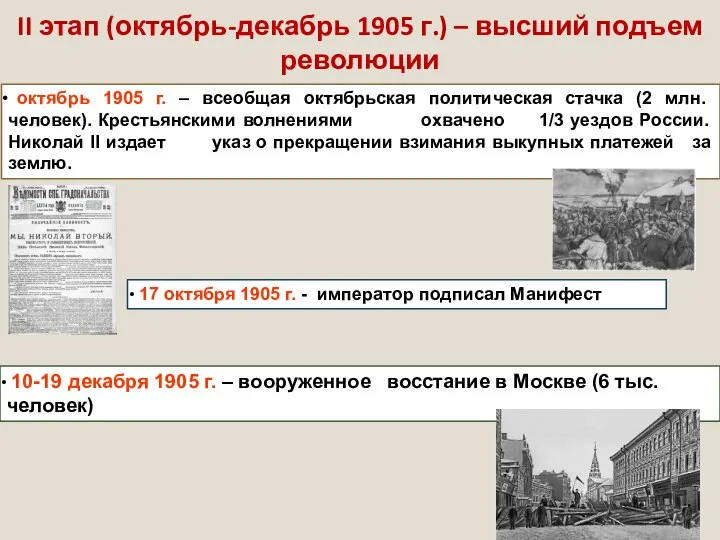 II этап (октябрь-декабрь 1905 г.) – высший подъем революции октябрь 1905