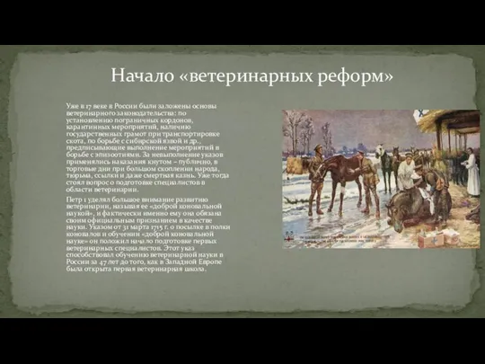 Начало «ветеринарных реформ» Уже в 17 веке в России были заложены